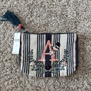 Anthropologie Striped Cosmetic Bag with Pink Monogram
